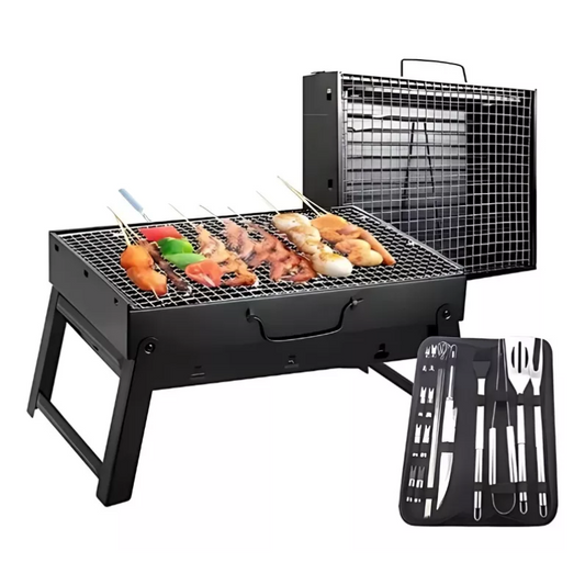 Kit Portátil Mini Parrilla Plegable + 18 Utensilios de Asado 🔥